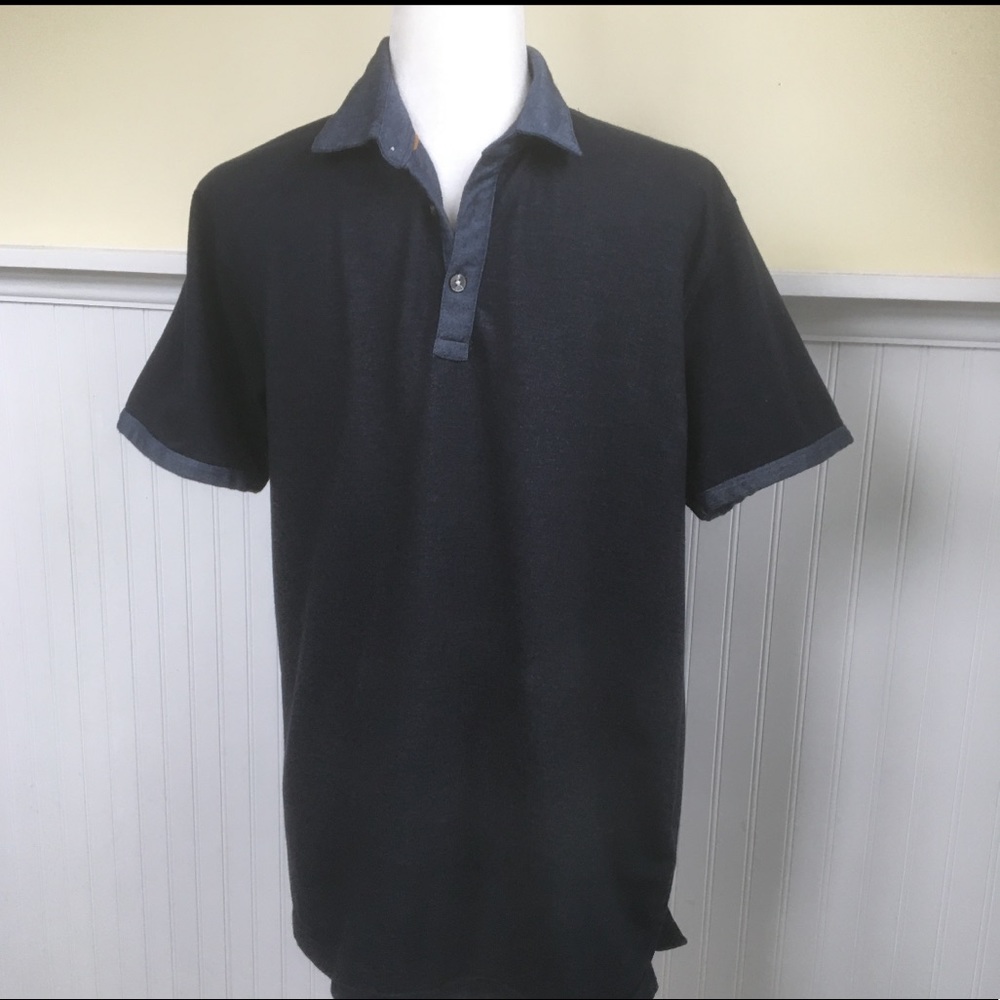 LARGE DENIM & FLOWER NAVY BLUE SHORT SLEEVE BUTTON UP TEE SHIRT